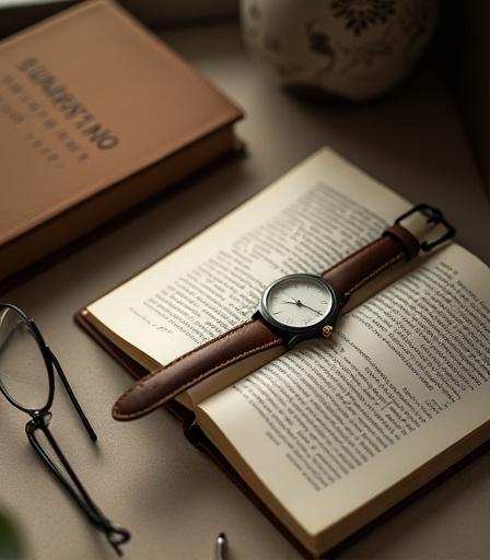 책과 함께 놓인 시계의 감성적인 사진